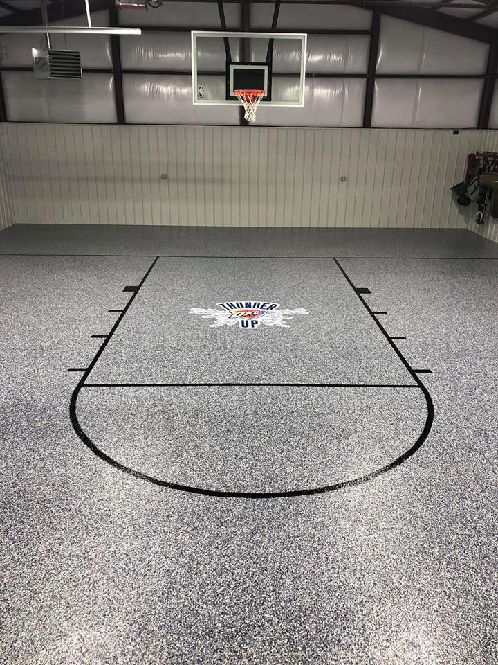 commercial basketball after applying basecoat and Broadcast Chipsand